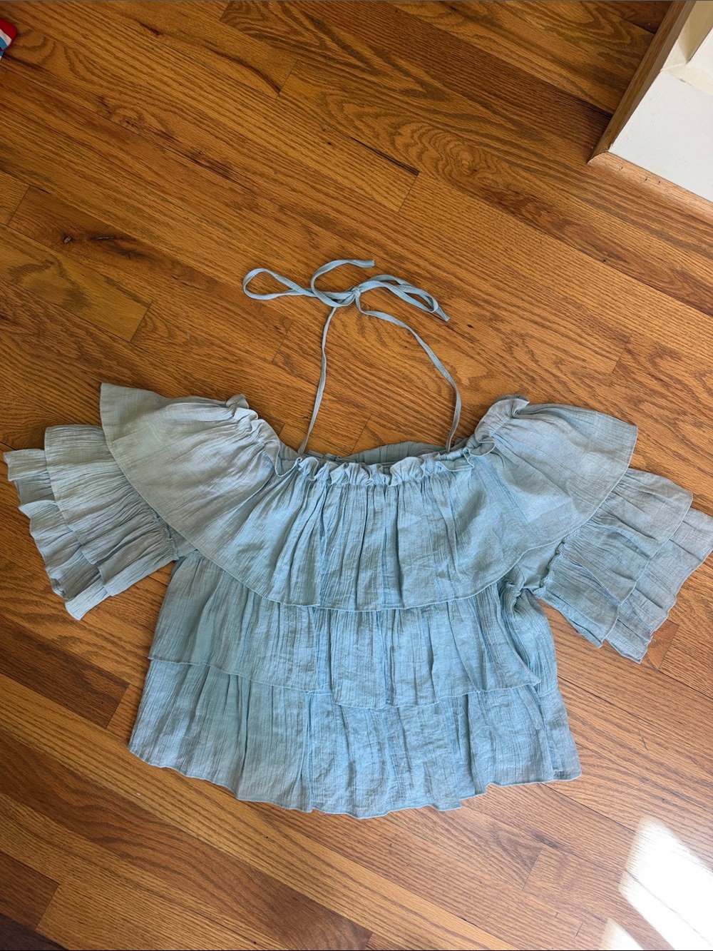 She + Sky Light Blue Tiered Off-Shoulder Top w/Tie Around Neck, S